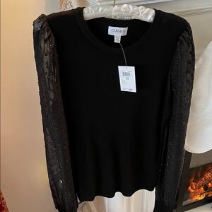 Carmen Marc Valvo Black Top with Beaded Sleeves